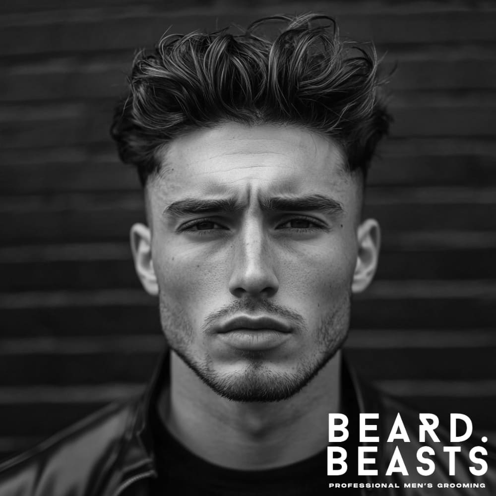 Black and white portrait of a man with a messy textured pompadour hairstyle. His hair features natural volume and a tousled, relaxed look, complemented by cleanly faded sides. He wears a leather jacket, exuding a modern and edgy style.