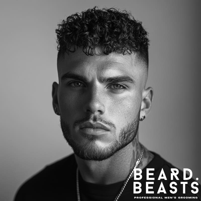 A black and white portrait of a young man with a high fade haircut with short hair, styled with natural, voluminous curls on top. The sharp high fade creates a clean contrast against the textured curls, highlighting the modern and stylish look. His well-groomed beard and sharp jawline enhance his structured facial features, adding to the bold yet refined aesthetic. He is wearing a black T-shirt, a silver chain necklace, and small hoop earrings, giving a contemporary, fashion-forward vibe.