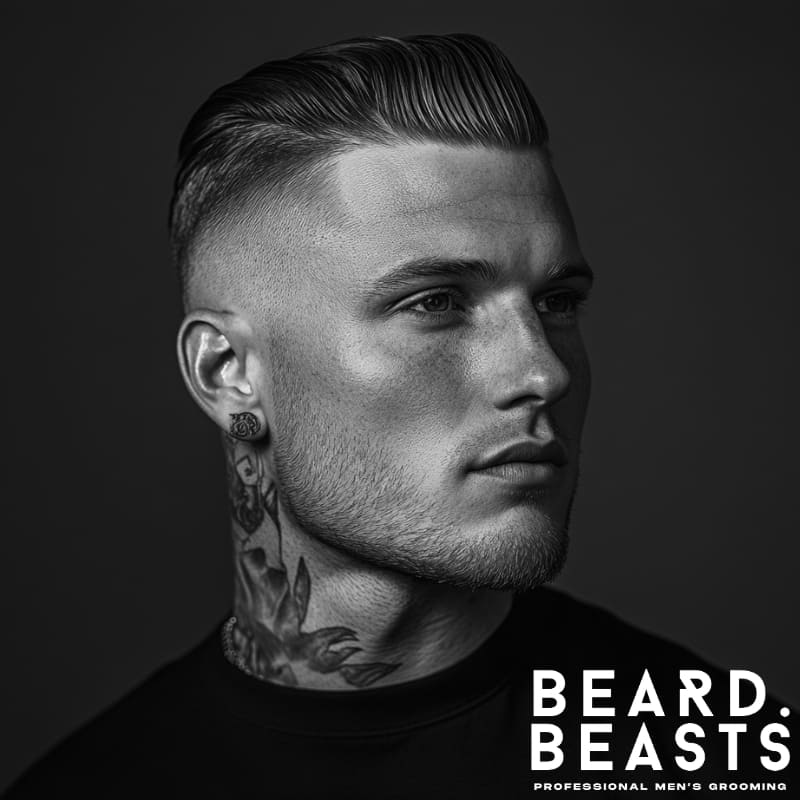 A stylish man with a bald fade slick back hairstyle, featuring a sharp skin fade that seamlessly transitions into the sleek, combed-back top. His hair is styled with precision, giving a polished and refined look. He has a neatly trimmed beard and striking neck tattoos, adding an edgy contrast to his clean-cut hairstyle. Wearing a black crew-neck t-shirt, he exudes confidence and modern masculinity.