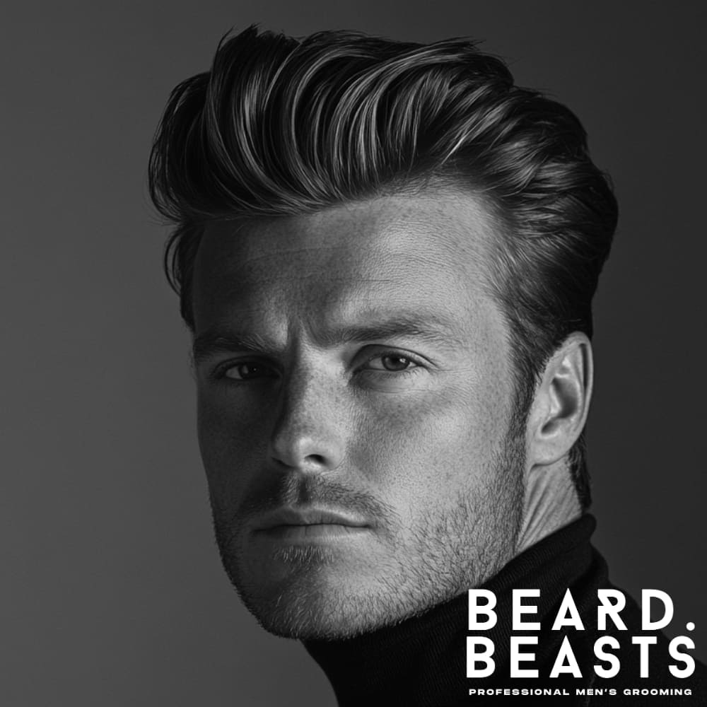 Black and white portrait of a man with a classic textured pompadour hairstyle, featuring smooth, voluminous hair with a natural wave. He wears a black turtleneck, exuding a timeless and sophisticated style. The Beard Beasts logo in the corner emphasizes professional men's grooming and high-quality style.