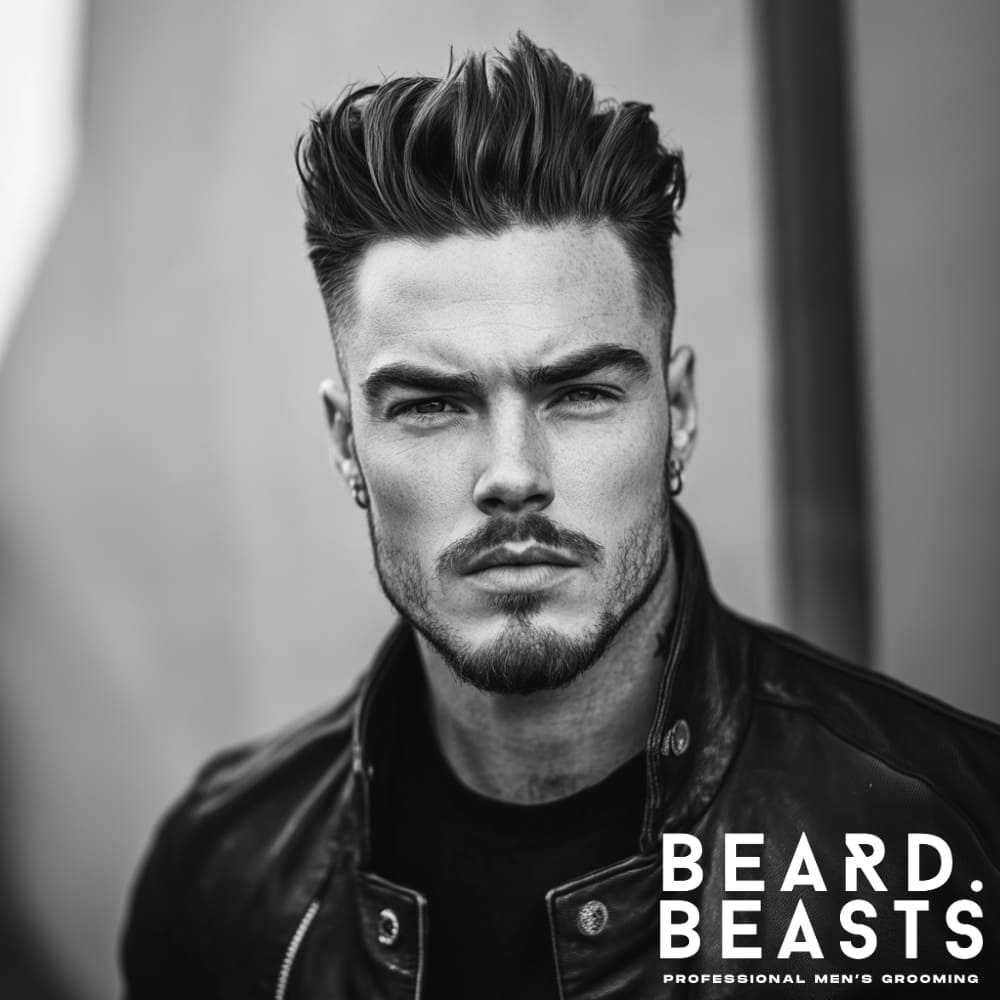 A confident man with a skin fade textured pompadour hairstyle, showcasing voluminous, textured hair on top with sharp, cleanly faded sides. He wears a black leather jacket, exuding a modern and edgy style. The image features the Beard Beasts logo, emphasizing professional men's grooming and style.