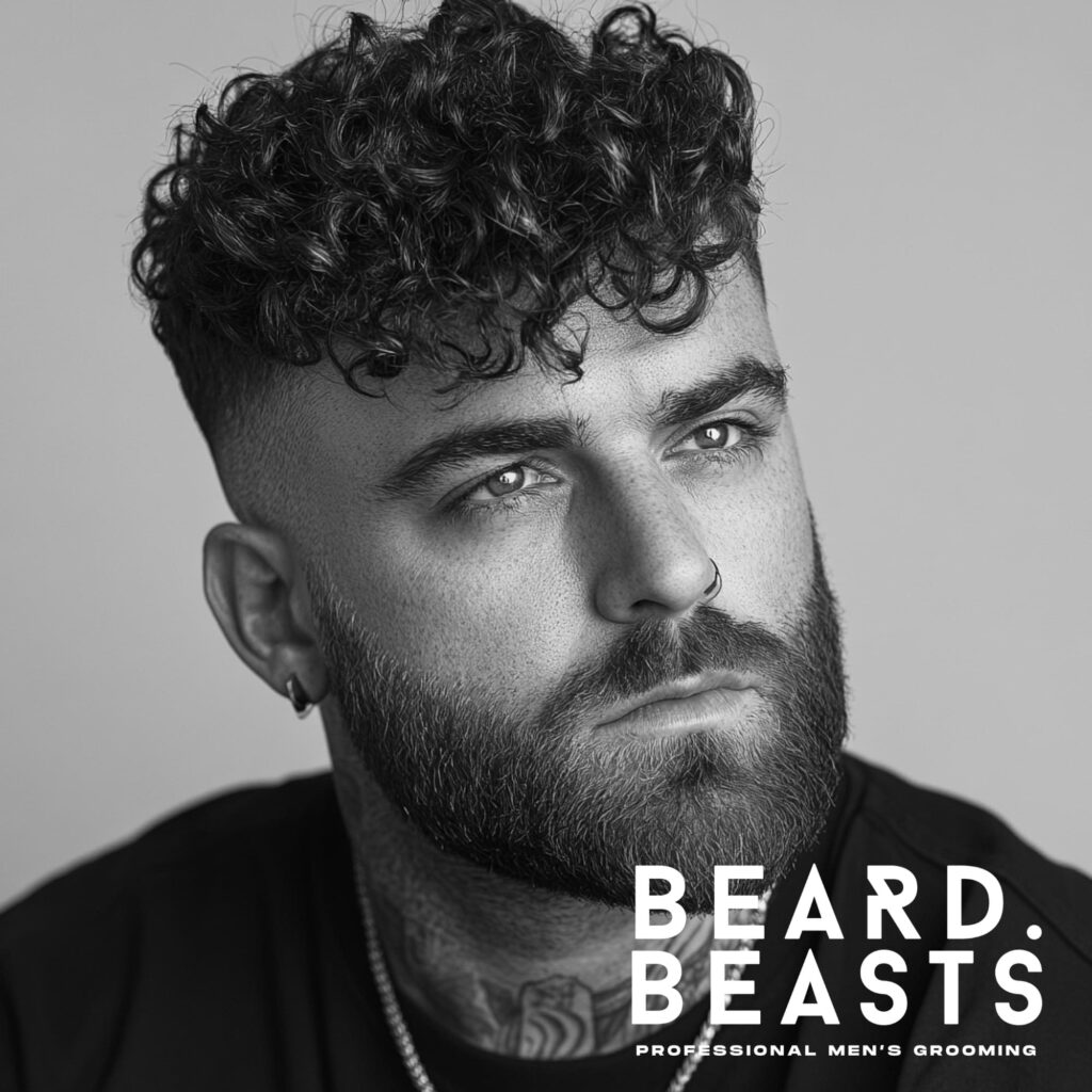 A black and white close-up portrait of a bearded man with a curly textured fringe and high fade hairstyle. His thick, voluminous curls fall naturally over his forehead, creating a defined yet effortless look. The high fade on the sides adds sharp contrast, emphasizing the texture and shape of the fringe.