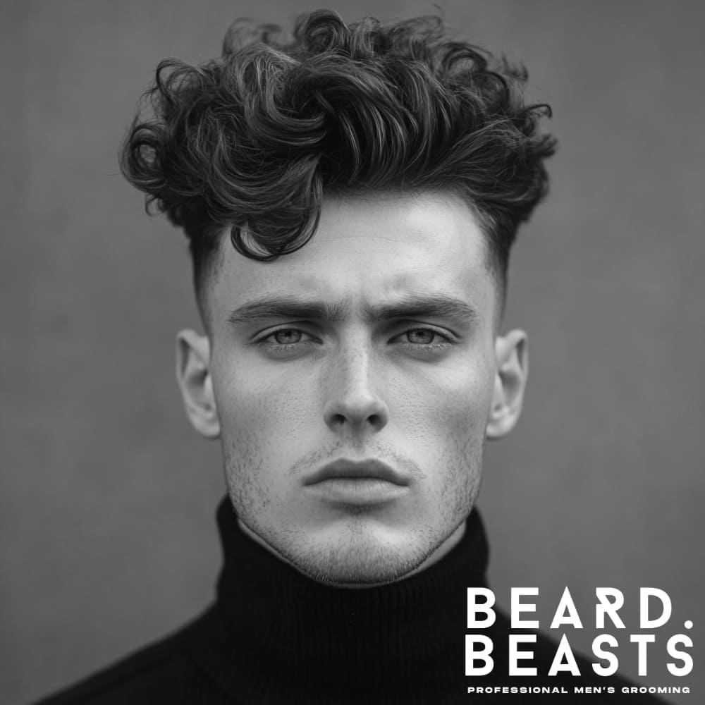 Black and white portrait of a man with a curly textured pompadour hairstyle. His hair features voluminous natural curls with a stylish, tousled look. He wears a black turtleneck, giving a sophisticated and modern vibe.