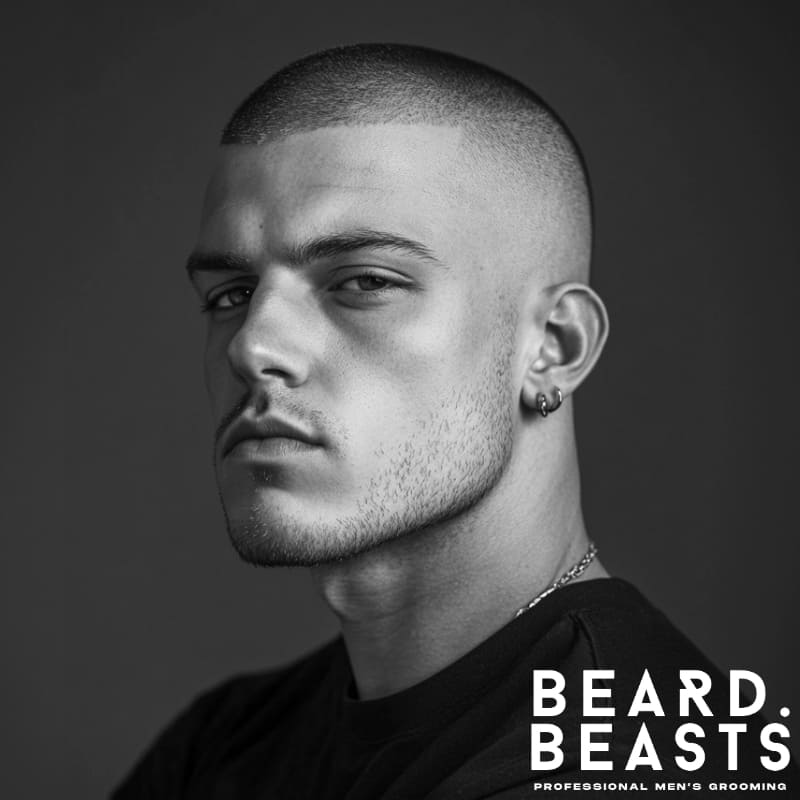 A black and white portrait of a young man with a high fade haircut and a short buzz cut, showcasing a clean, sharp look. He has a well-defined jawline, light stubble, and wears a black T-shirt along with small hoop earrings. His intense gaze and confident expression highlight the bold, modern style of the haircut.