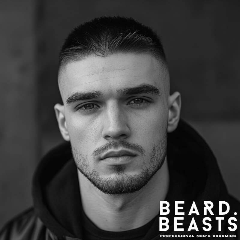 A black and white portrait of a young man with a high fade haircut with short hair, featuring a sharp fade on the sides and a neatly trimmed short crew cut on top. His well-groomed beard complements the structured look, enhancing his strong facial features. He wears a black hoodie and a jacket, adding to the modern and masculine aesthetic. The dark background contrasts with his sharp hairstyle, making the fade and texture on top stand out.