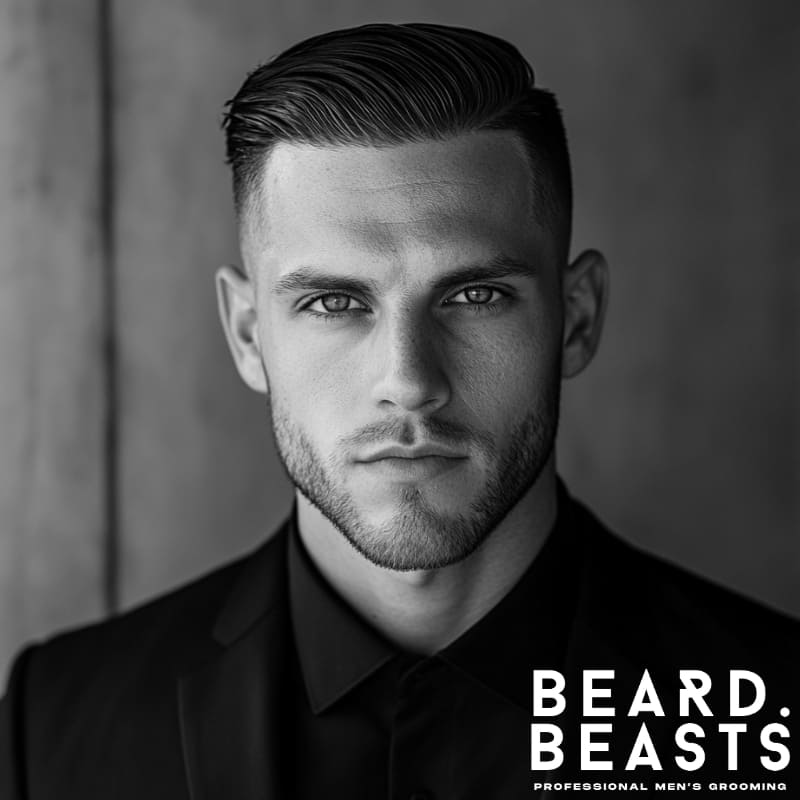 A black and white portrait of a man with a high fade haircut with short hair, styled in a sleek comb-over. The high fade on the sides creates a sharp, clean contrast, while the short, neatly combed top gives a polished and professional look. His well-groomed stubble complements the structured hairstyle, enhancing his chiseled facial features. Dressed in a black suit with a crisp collared shirt, he exudes confidence and sophistication.