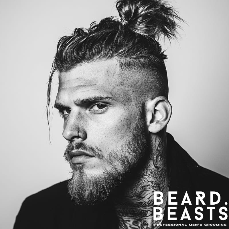 Man with a high fade undercut and long man bun, featuring sharp contrast and bold styling—an edgy example of men’s long haircuts for thick hair.