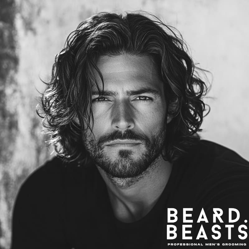 Man with thick, shoulder-length surfer-style waves and natural volume, showcasing one of the best men’s long haircuts for thick hair.