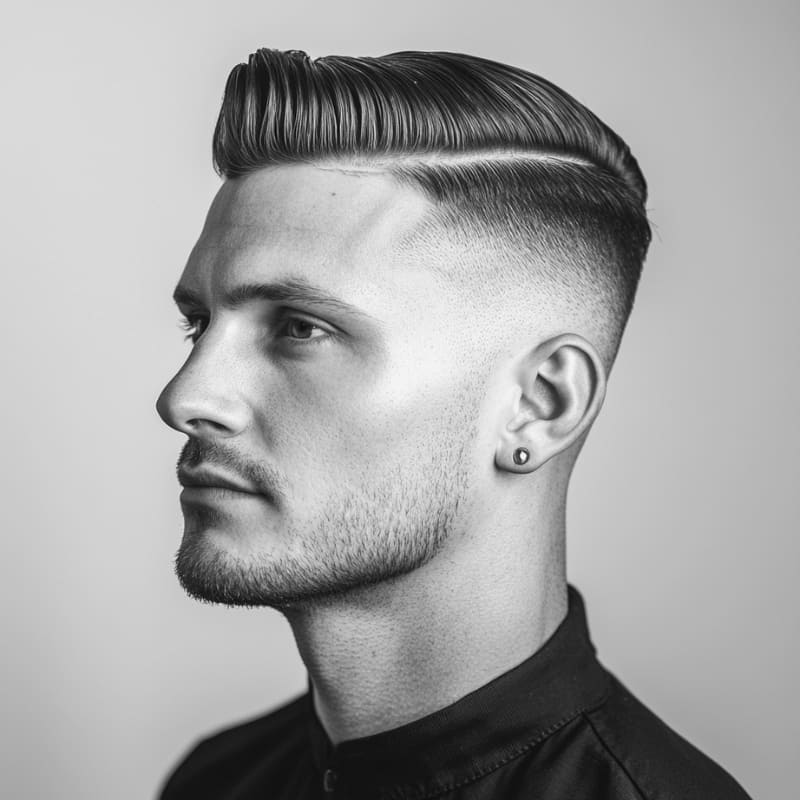 A black-and-white side profile portrait of a young man with a high drop fade with a side part. His haircut features a sharp, high fade that tapers smoothly around the sides and back, creating a clean and structured look. The top is styled with a sleek, combed-over finish, accentuated by a precise, well-defined side part. He has neatly groomed stubble and wears a dark, buttoned-up shirt, enhancing the polished and sophisticated aesthetic. The background is minimalistic, drawing attention to the sharp details of the hairstyle.