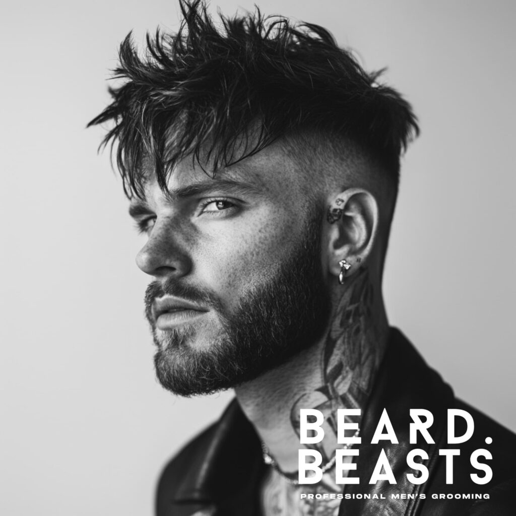 A black and white close-up portrait of a bearded man with a messy high fade textured fringe hairstyle. His tousled, voluminous fringe is styled in an intentionally unstructured way, creating a rugged and edgy look. The high fade on the sides provides sharp contrast, emphasizing the textured top and enhancing the modern, rebellious aesthetic.