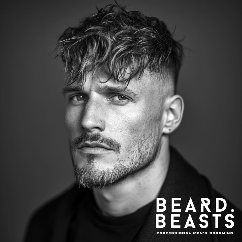 Black and white portrait of a man with a modern hairstyle featuring a mid fade. The top hair is styled with natural, tousled waves and textured layers, creating a casual yet stylish look. The sides are faded smoothly, adding contrast to the longer, wavy top. The man has a light, sculpted beard, complementing the modern and well-groomed appearance.