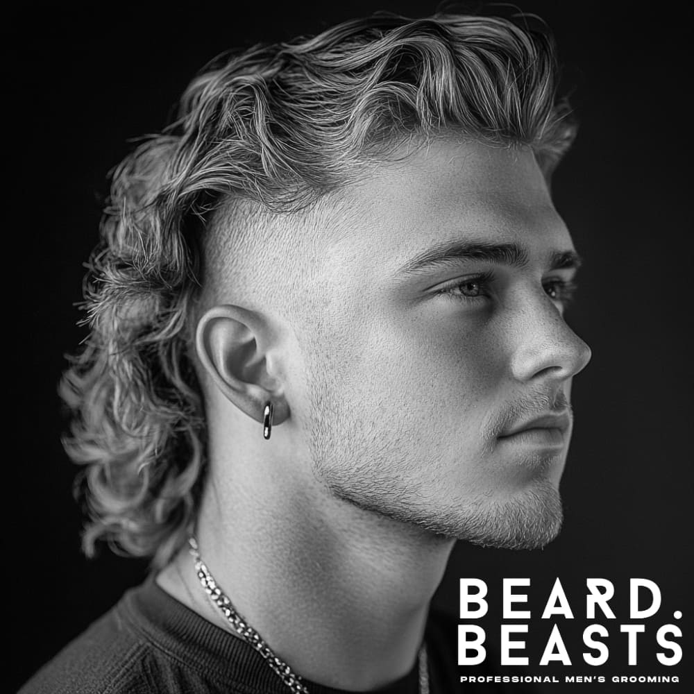 Black and white image of a man with a sharp skin fade mullet hairstyle, featuring textured volume on top and long, wavy hair at the back, showcasing a modern and edgy men's grooming style by Beard Beasts.