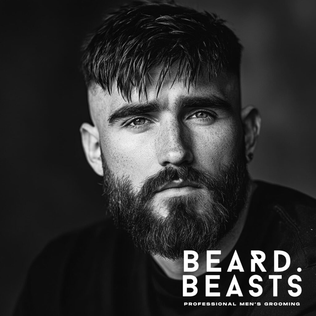 A black and white close-up portrait of a bearded man with a straight high fade textured fringe hairstyle. His straight hair is styled with a slightly damp, textured look, with the fringe falling forward in defined strands. The high fade on the sides creates a sharp contrast, emphasizing the structure and clean finish of the cut.
