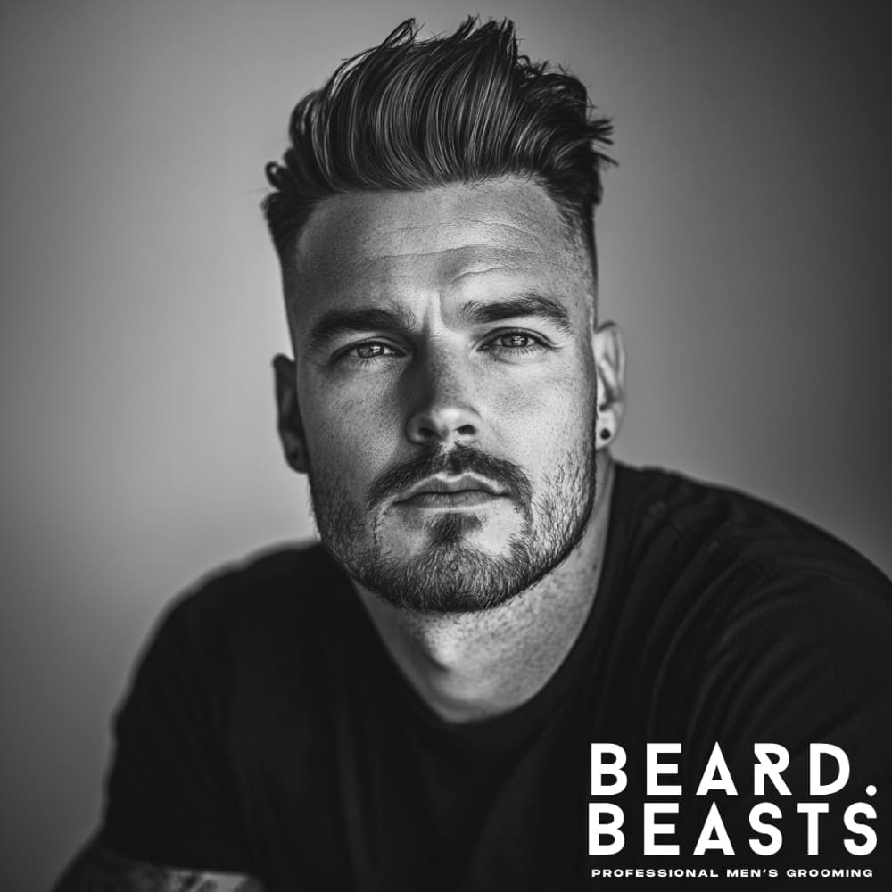 Black and white portrait of a man with a textured pompadour hairstyle. His hair features voluminous height with a natural, slightly tousled texture. The sides are cleanly faded, enhancing the contrast with the full, textured top.