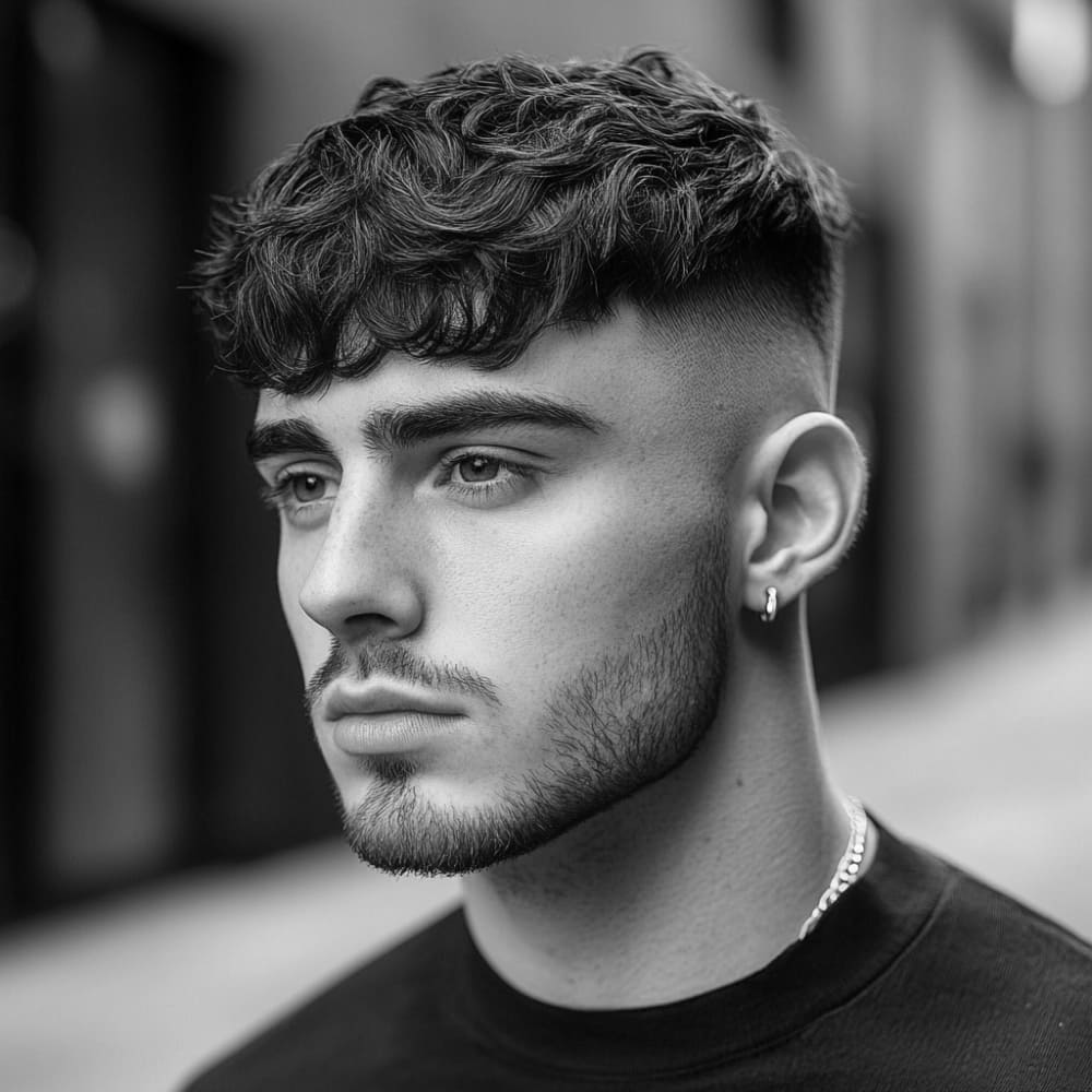 Black and white image of a young man with a wavy French crop hairstyle featuring a high fade. The hairstyle showcases natural, tousled waves with a textured, forward-styled fringe. The clean high fade creates a sharp contrast with the longer, wavy top, giving the style a modern and polished look. Ideal for men's grooming and contemporary hair trends.
