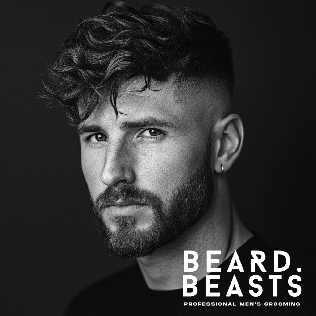 A black and white close-up portrait of a bearded man with a wavy high fade textured fringe hairstyle. His naturally wavy hair is styled with volume and movement, with the fringe slightly tousled for a relaxed yet refined look. The high fade on the sides creates a sharp contrast, emphasizing the texture and depth of the waves.