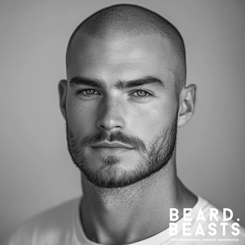 Black and white portrait of a man with an induction cut hairstyle, featuring a clean, ultra-short buzzed look and a well-groomed beard, wearing a white t-shirt—branded with Beard Beasts professional men’s grooming logo.