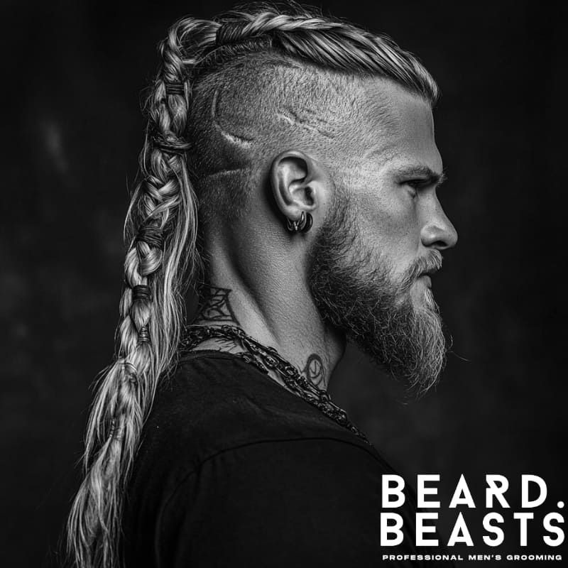 Man with long thick hair styled in Viking-inspired braids and shaved sides, showcasing a bold and creative take on men’s long haircuts for thick hair.