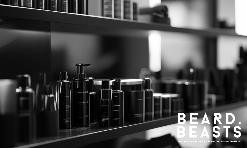 A black and white photograph of a sleek, modern shelf displaying an array of men's grooming and hair styling products in uniform black packaging. The neatly arranged bottles and containers include pumps, sprays, and jars, emphasizing a luxury grooming aesthetic. The dimly lit background and soft lighting create a high-end, minimalist atmosphere.