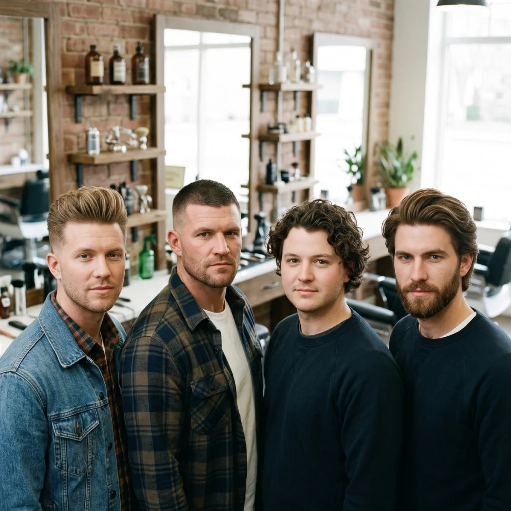 Four men with different face shapes and haircuts suited to their natural proportions.