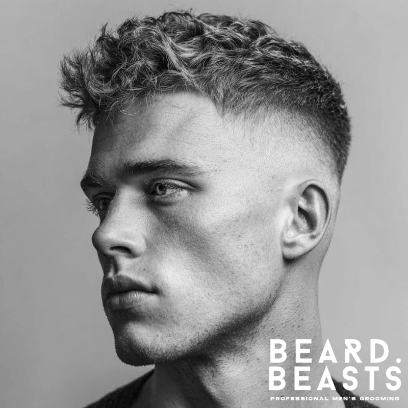Men's short wavy textured crop with skin fade, showcasing a natural, voluminous look.