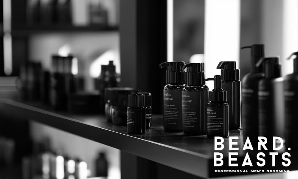 A sleek black-and-white image featuring an array of premium men's grooming products neatly arranged on a stylish shelf. The modern packaging, adorned with elegant labels, reflects a sophisticated and luxurious aesthetic. Soft lighting and a blurred background create a high-end, boutique feel, emphasizing the refined presentation of the products. The