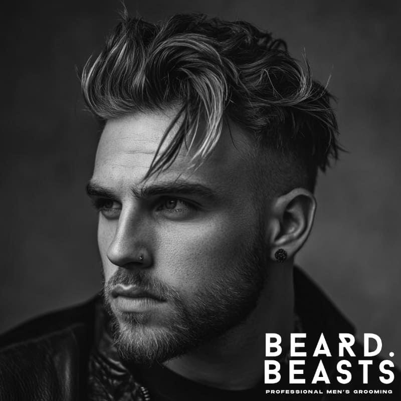 Man with a messy drop fade comb over, featuring tousled, finger-styled hair with natural separation and a clean drop fade around the ears.