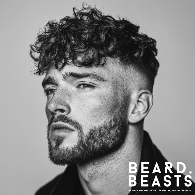 Close-up side portrait of a man with loosely styled curls on top and cleanly faded sides, wearing a beard and a dark coat.