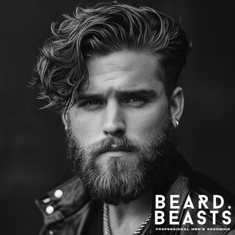 A black-and-white portrait of a stylish man with a messy comb over hairstyle and a thick, long beard. His voluminous hair is swept to the side in a textured, tousled fashion, while his full beard adds a rugged edge to his overall appearance. He wears a leather jacket and a chain necklace, enhancing his bold and masculine comb over and beard style. The intense expression and sharp grooming reflect a confident, modern look.
