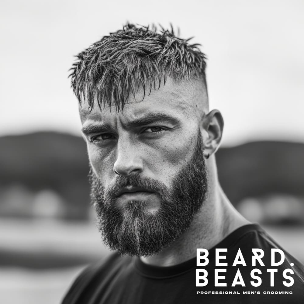 Black and white portrait of a man with a messy textured crop haircut featuring a high skin fade. The top hair is styled with visible texture, showing slightly damp and tousled strands that add volume and movement. The sides are shaved close to the skin, creating a sharp contrast with the textured top. The man has a full, well-groomed beard, enhancing his rugged and masculine appearance. The background is softly blurred, focusing attention on the hairstyle and facial expression.