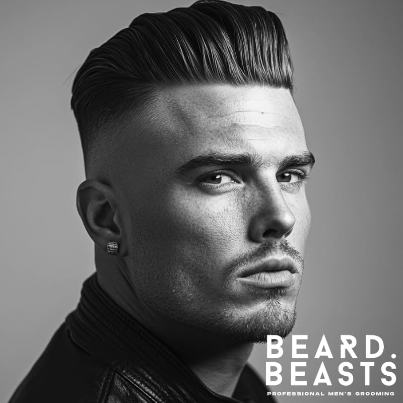 Black and white portrait of a man with a pompadour undercut fade hairstyle—high-volume top with sharp faded sides and a defined hairline.