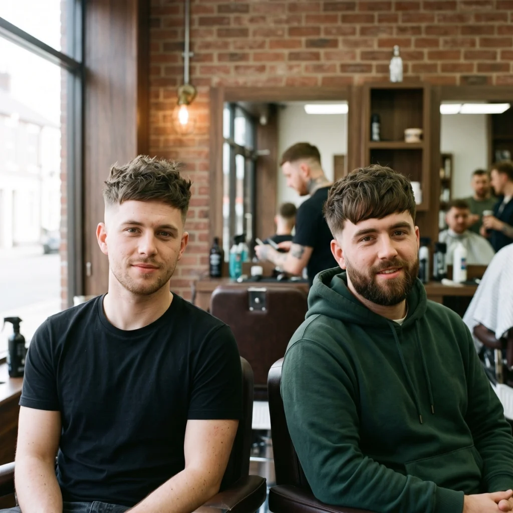Two men with different versions of a textured crop showing how haircut details change the overall look.