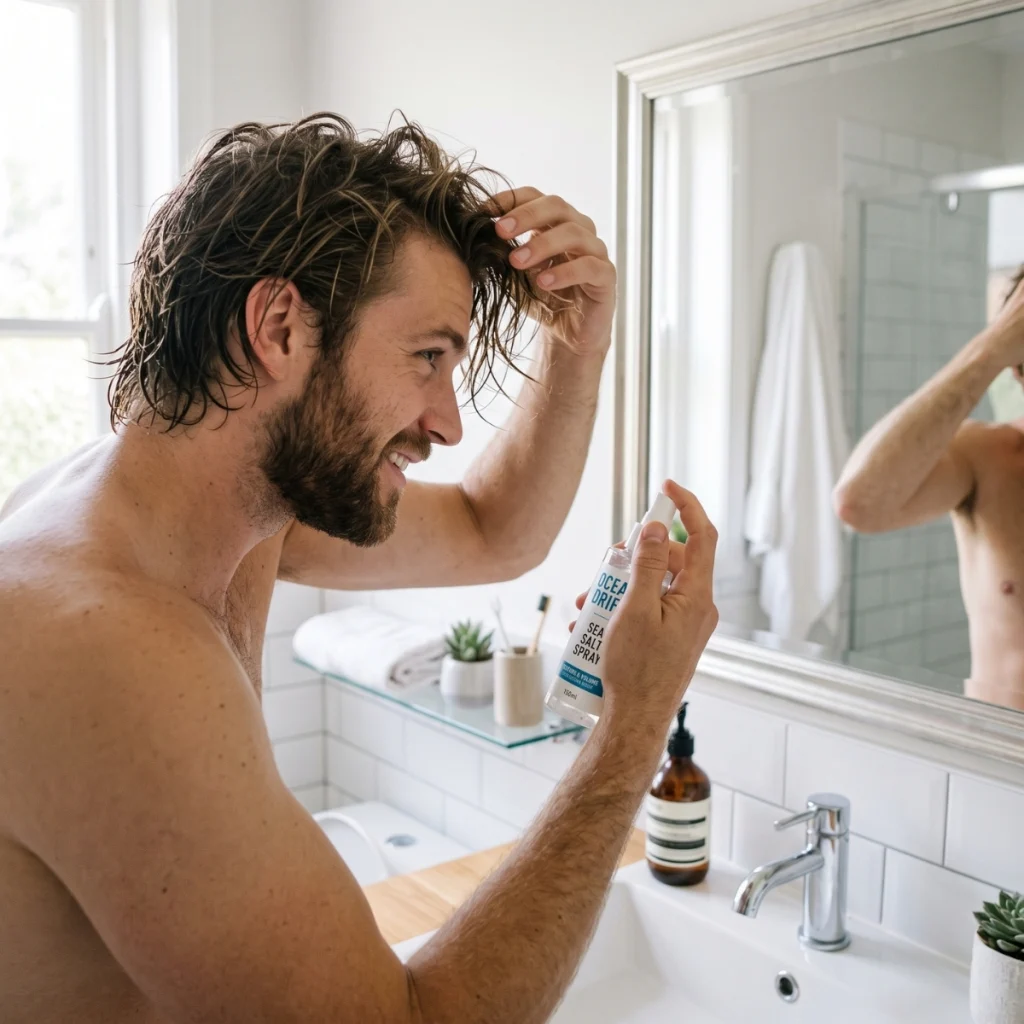 Man using sea salt spray to add body and movement to medium-length hair