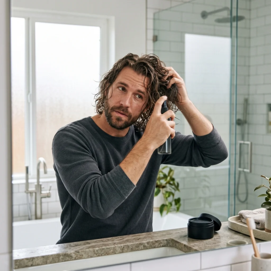 Man applying sea salt spray with texture powder on the bathroom counter
