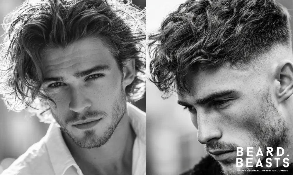 Side-by-side comparison of beach waves hairstyle styled with sea salt spray and high fade textured top hairstyle styled with texture powder