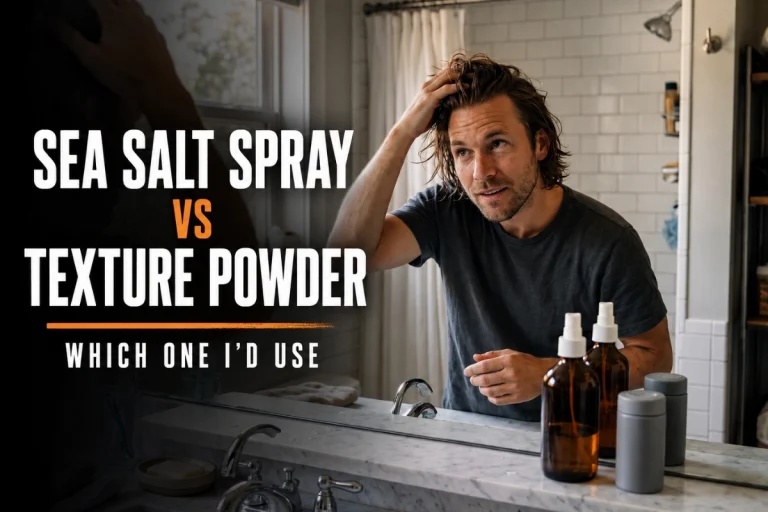 Sea salt spray vs texture powder comparison with man styling his hair