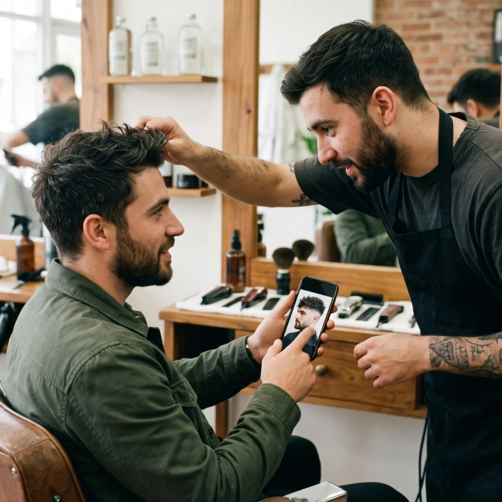Man showing his barber a haircut reference photo on his phone before the cut.