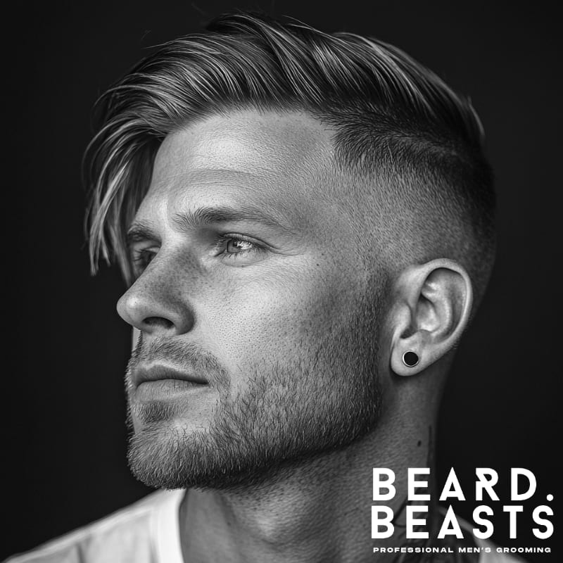 Black and white side portrait of a man with a side-swept undercut fade hairstyle—long textured top swept across with a clean mid fade.