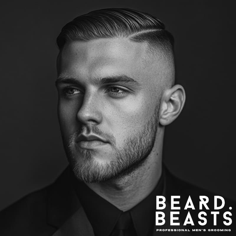 A sharply dressed man with a skin fade comb over, featuring a sleek, neatly combed top with a defined side part and a smooth fade that seamlessly blends into the skin. His well-groomed beard complements the structured, modern style, creating a polished and confident look. Dressed in a black suit with a dark background, the image exudes sophistication and professionalism. The