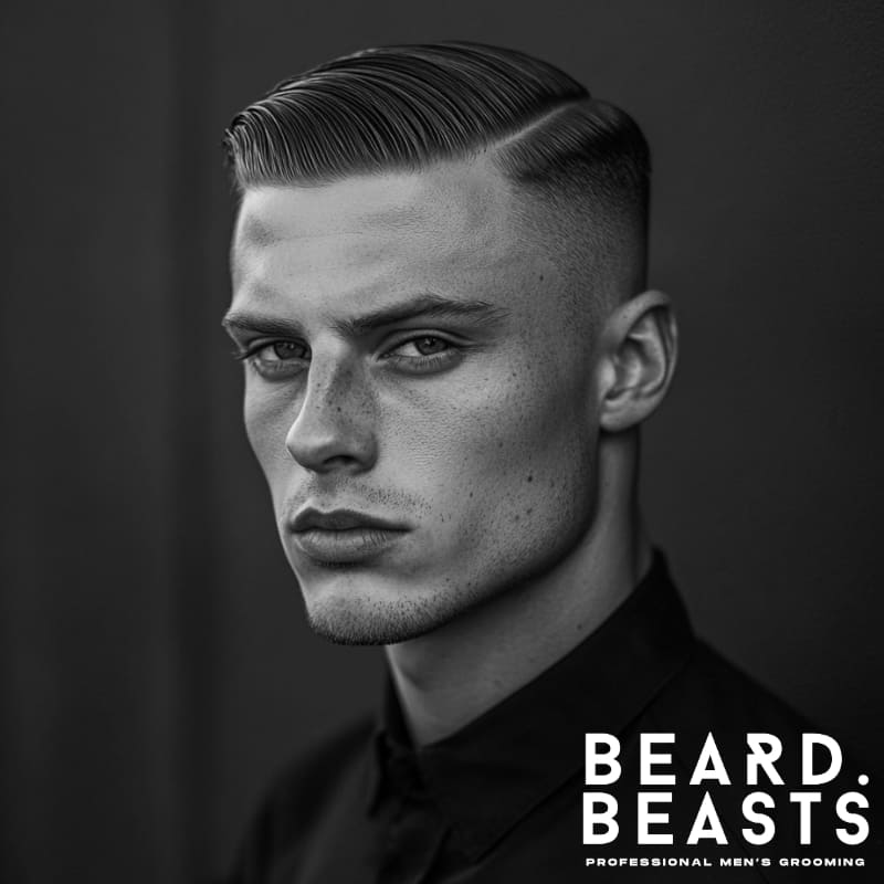 A sharp and stylish Sleek Comb Over Undercut featuring a well-defined side part and a smooth, glossy finish. The sides are cleanly faded, creating a striking contrast with the neatly combed top. The model, dressed in a black shirt, exudes confidence with a strong gaze and chiseled features. The monochrome aesthetic enhances the timeless appeal of this classic hairstyle. The Beard Beasts logo in the lower right corner reinforces the brand’s focus on professional men’s grooming and premium styling.