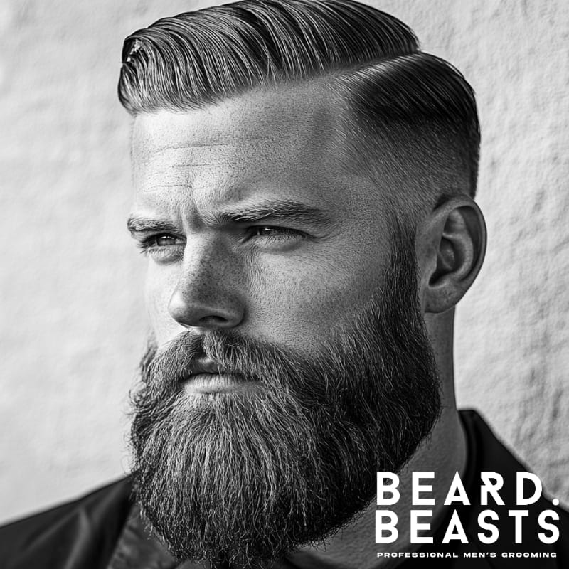 Black-and-white portrait of a man with a sleek comb over and beard style. His hair is neatly combed to the side with a defined part and smooth finish, paired with a clean undercut. He has a full, long beard that is well-groomed, enhancing his structured jawline. The sharp contrast between the polished hairstyle and the rugged beard creates a bold, masculine look. The image captures a confident, modern grooming style.