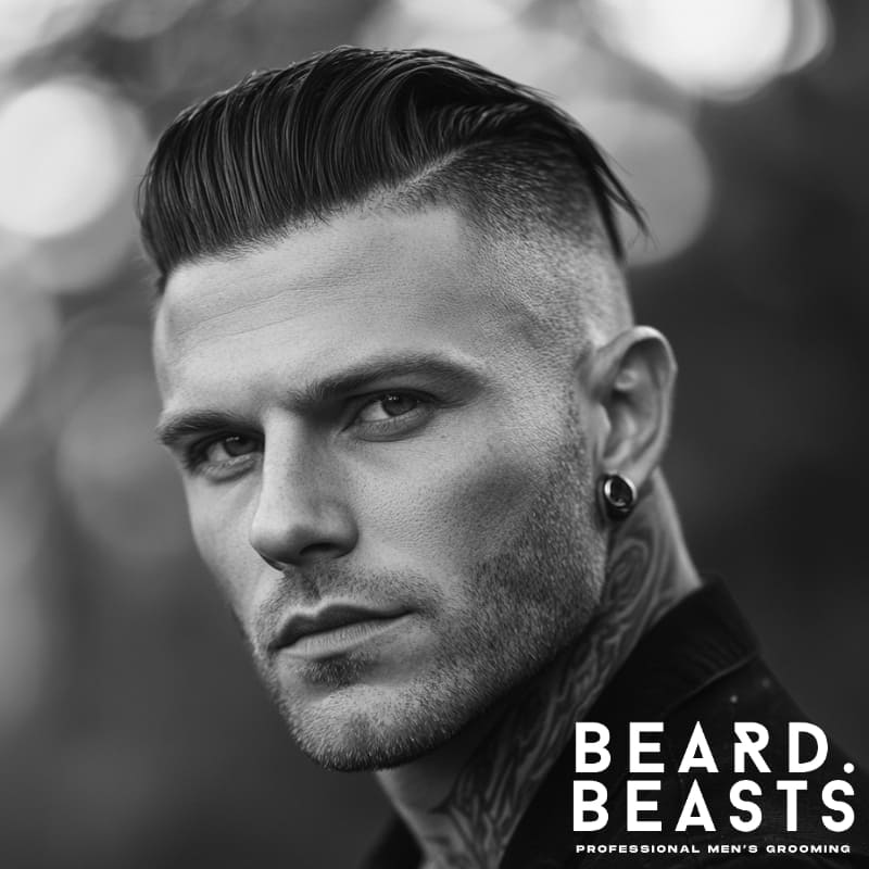 Black and white portrait of a man with a slicked-back undercut fade hairstyle—sharp side fade with a sleek, polished top.