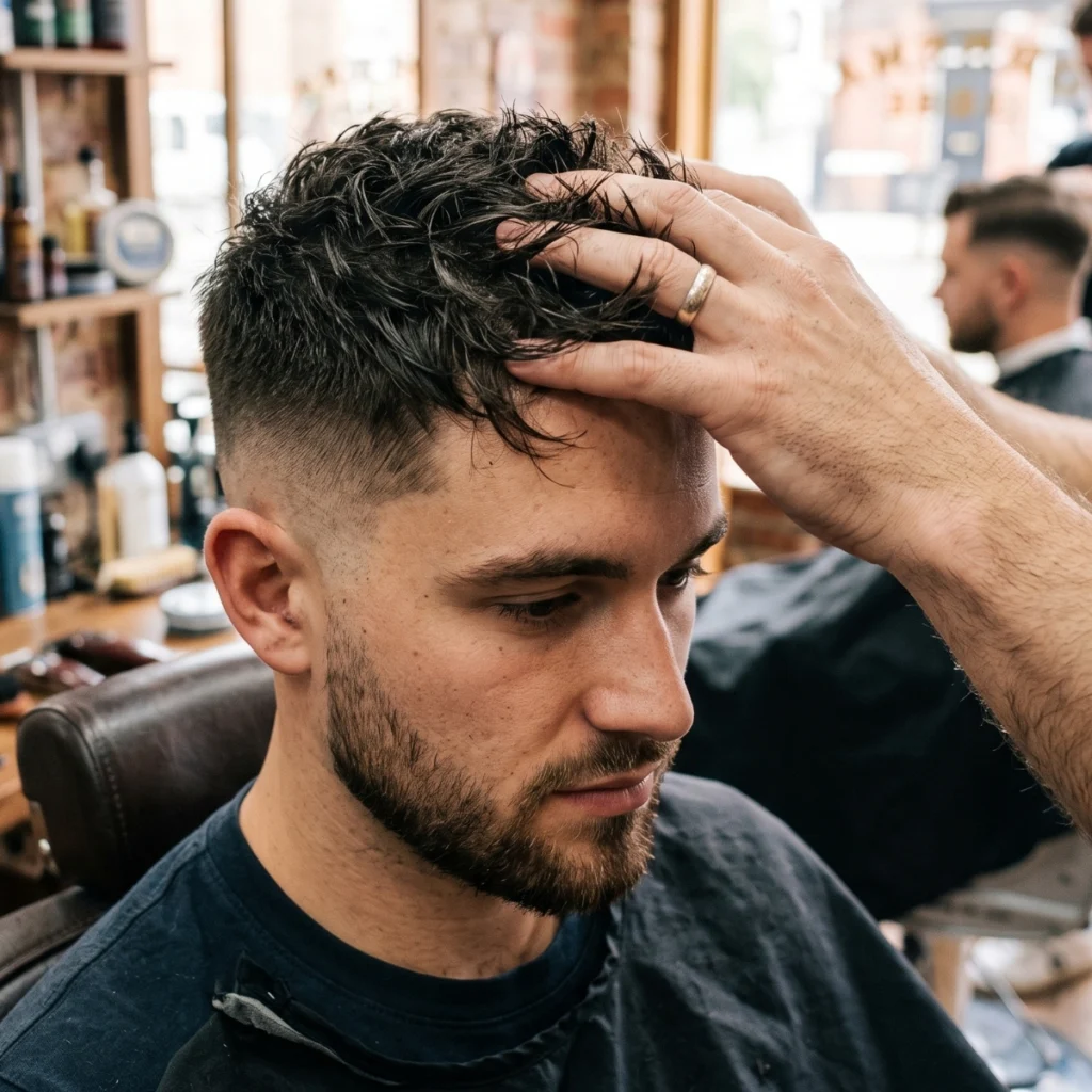 Man styling a high fade textured crop with hair clay in a barbershop.