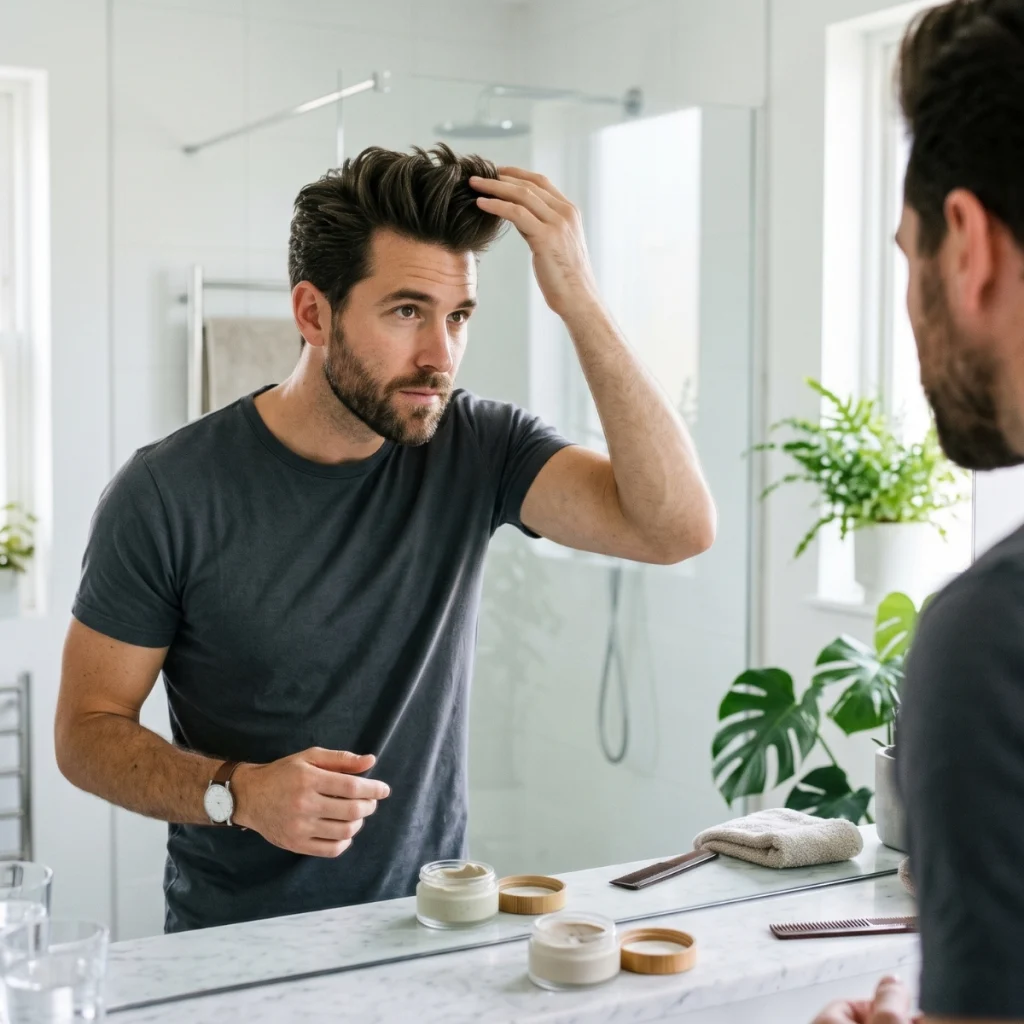 Man applying a small amount of styling product to hair that already has natural volume and lift.