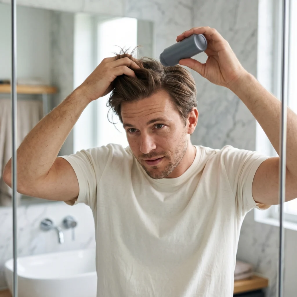 Man applying texture powder at the roots for extra lift