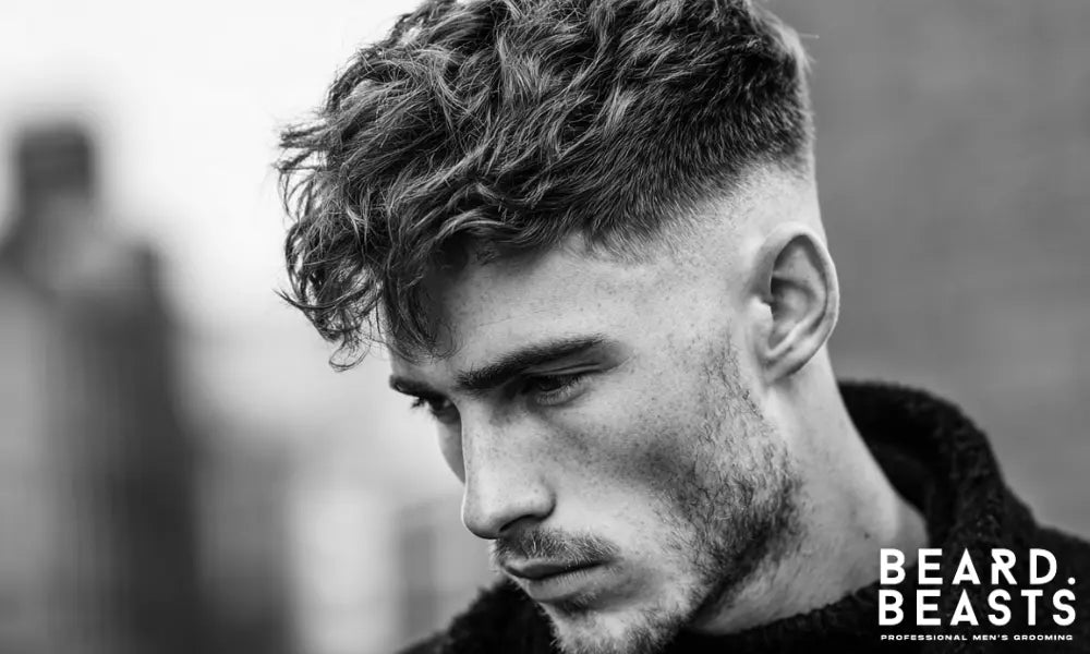 High fade with textured top hairstyle styled using texture powder for volume and definition