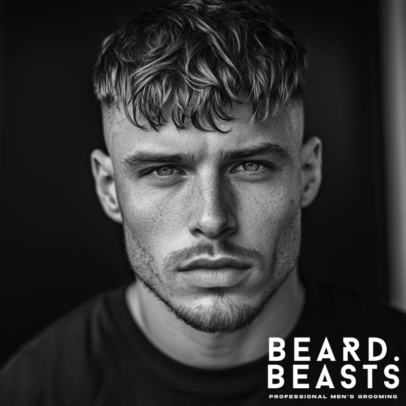 Black and white portrait of a man with a textured fringe high fade crop top, featuring layered waves and a clean high fade on the sides.