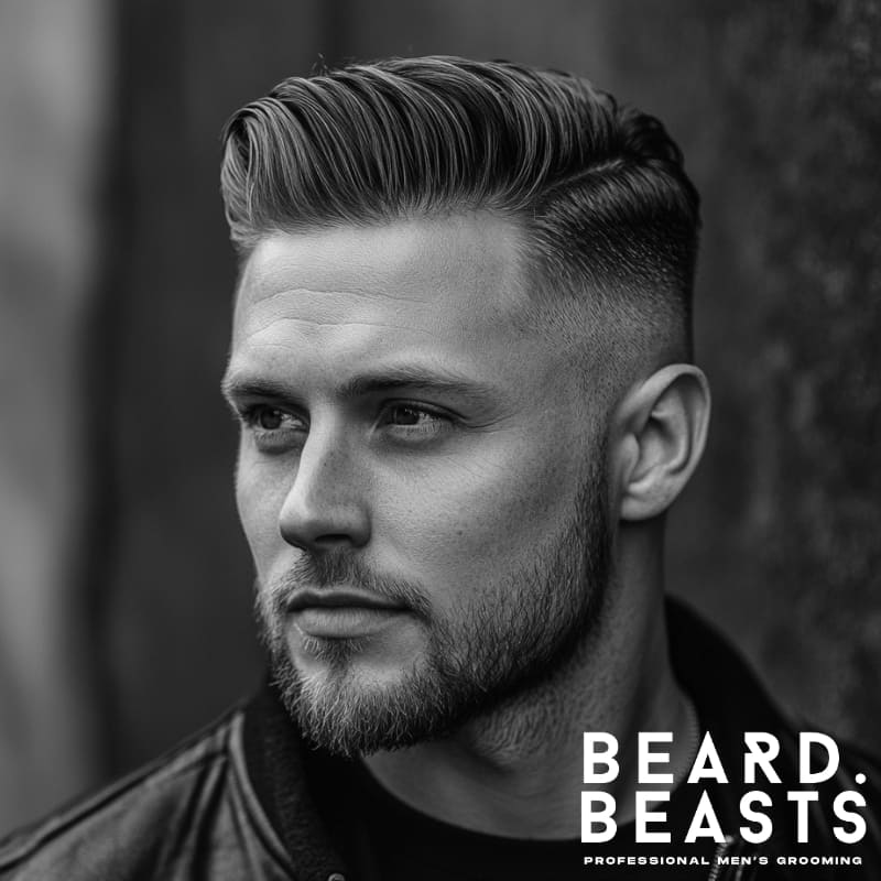 Man with a textured high drop fade comb over, featuring volume at the front, loose comb styling, and a clean drop fade behind the ear.