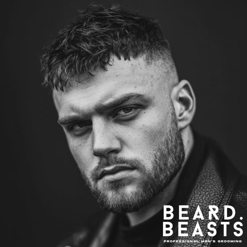 Black and white portrait of a man with a textured high fade crop top, featuring choppy layers and a clean faded neckline.