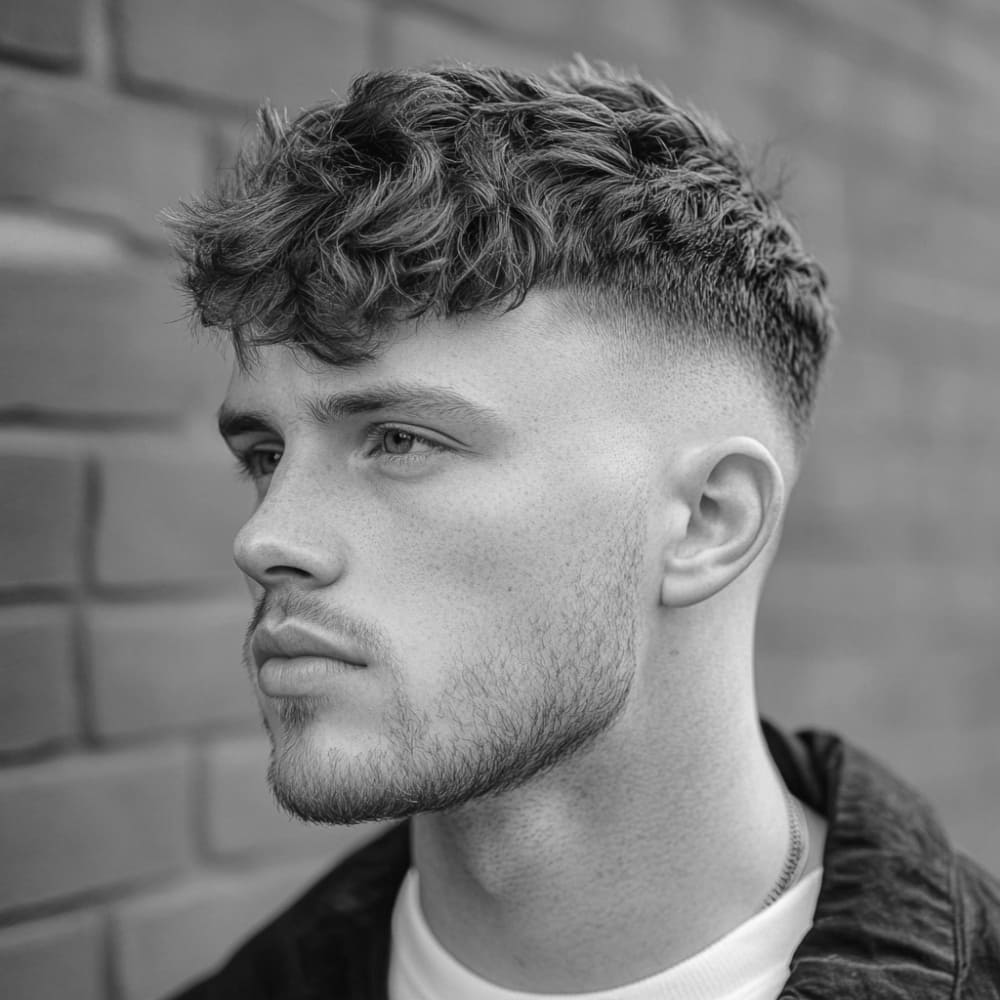 Black and white image of a young man with a textured wavy French crop hairstyle featuring a high fade. The top of the hair is styled with natural, voluminous waves, creating a dynamic and textured look. The sides showcase a sharp fade that blends smoothly into the longer, wavy top. The hairstyle delivers a modern and effortlessly chic appearance, perfect for men seeking a blend of casual and polished style.
